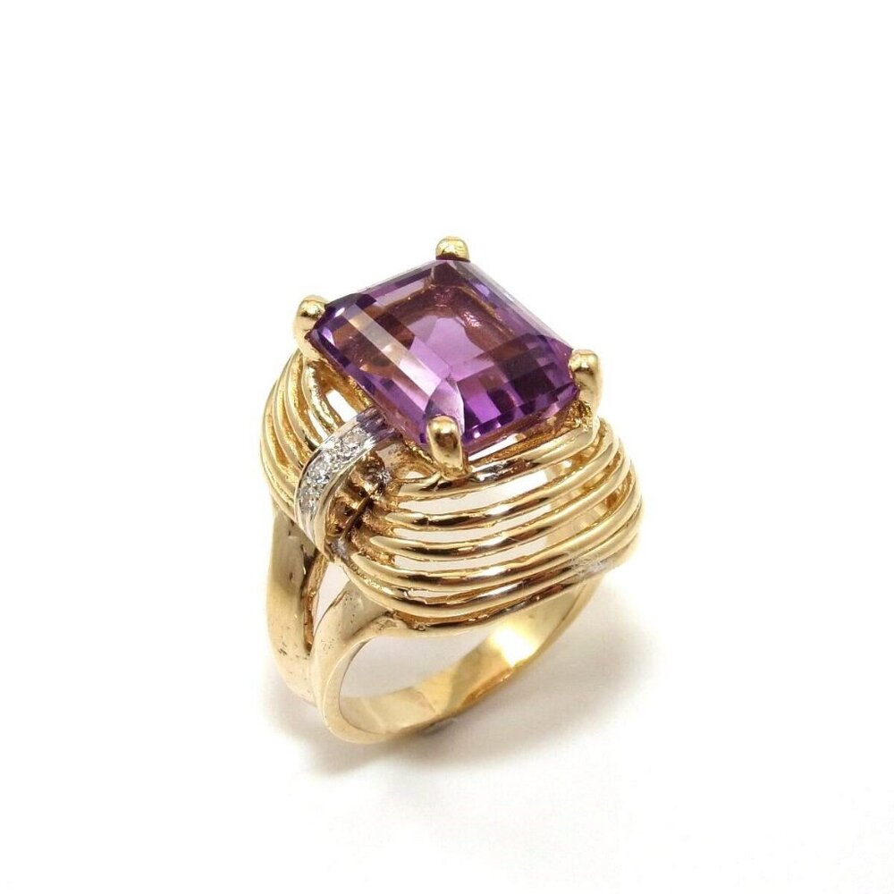 14K Yellow Gold Purple Amethyst Diamond Ring Size 8